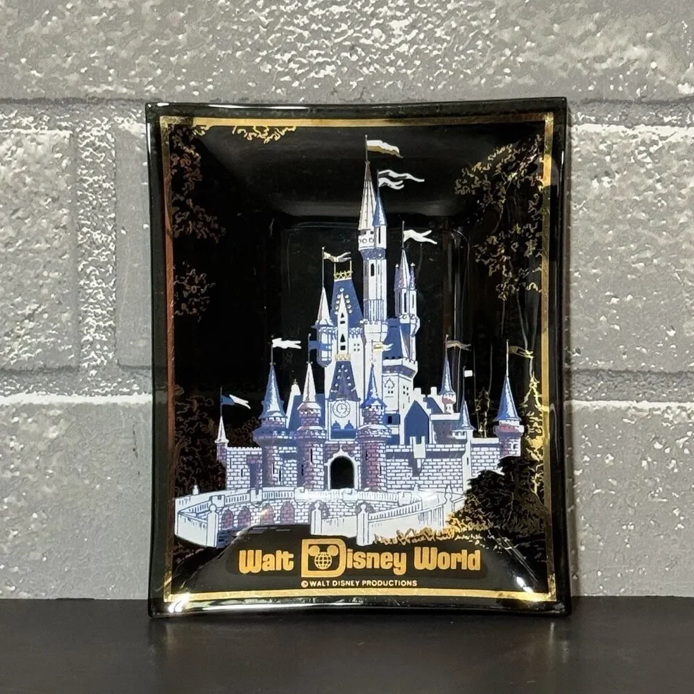 Vintage Walt Disney World Smoked Glass Trinket Dish Cinderella Castle Gift Tray
